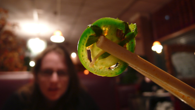 Nogias is being temporarily overlooked in favor of a tasty, tasty Jalapeño in the foreground.